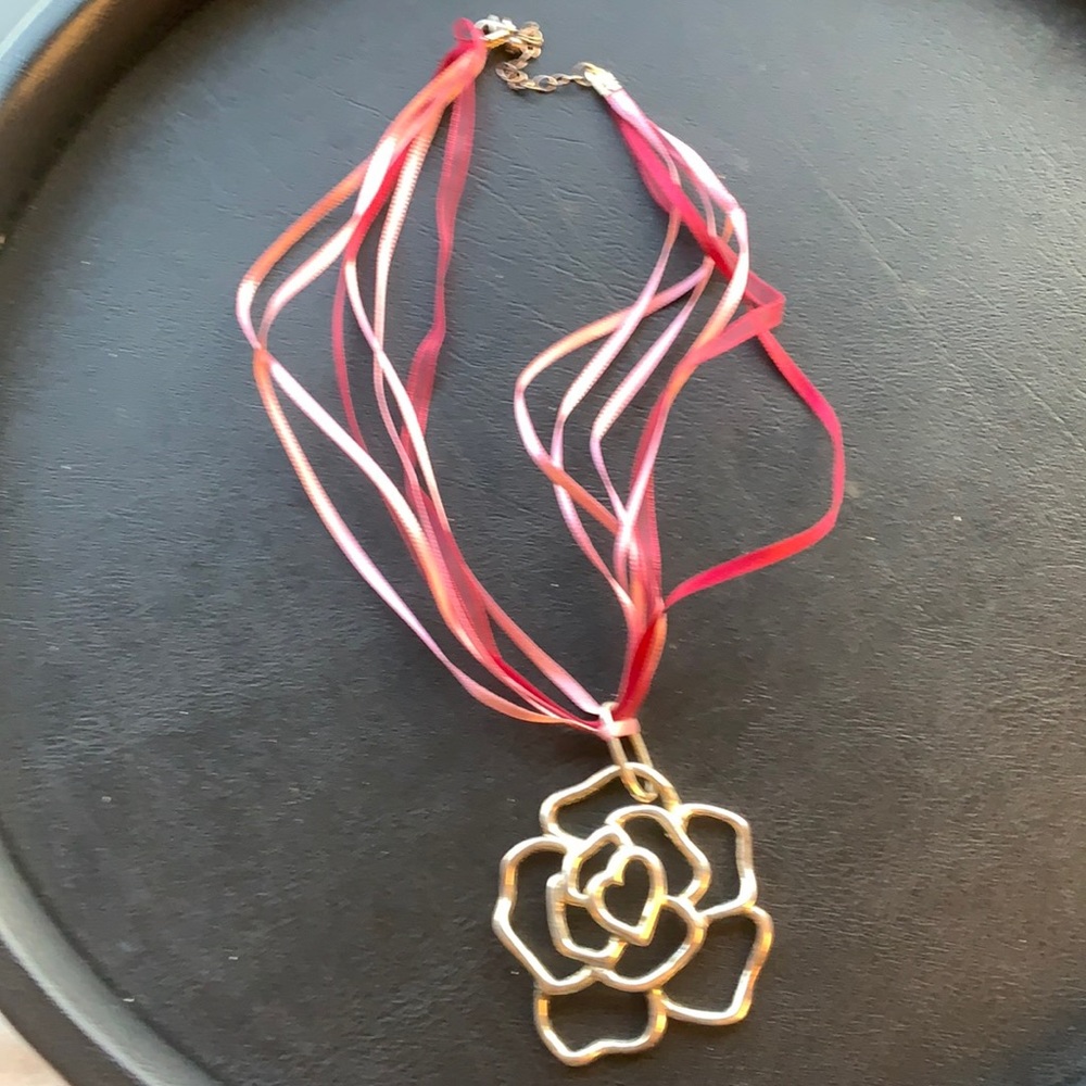 Sterling Rose Ribbon strand necklace pink silver